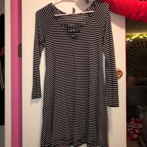 Navy Striped Long Sleeve Dress With Pockets